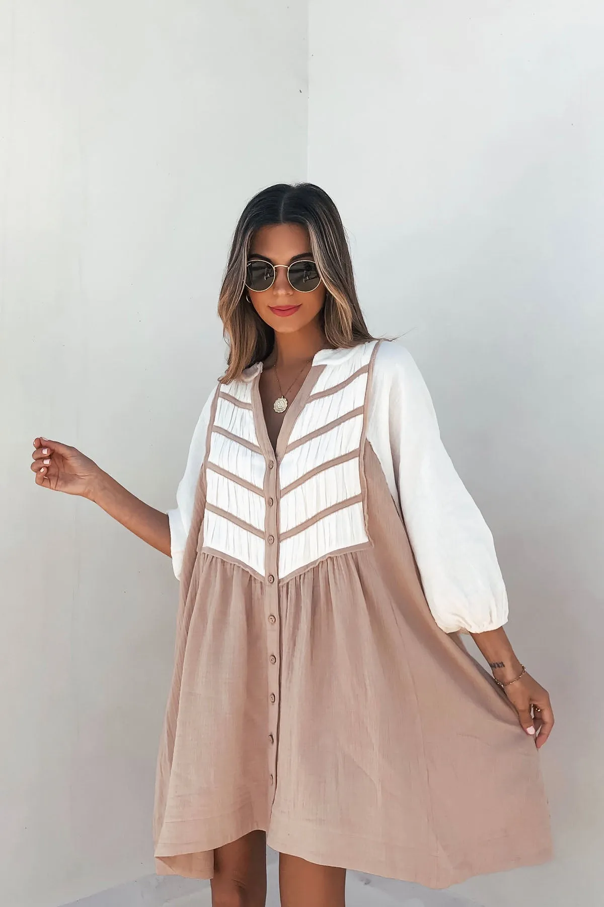 Cream Color Block Tunic Dress