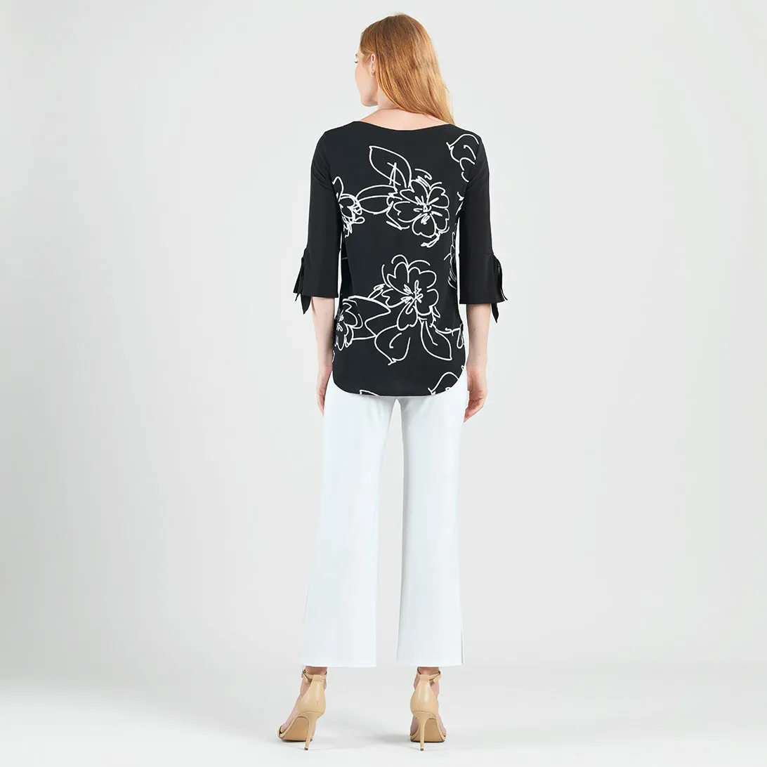 Crepe Knit - Tie Cuff Curved Hem Tunic - Blossom Sketch