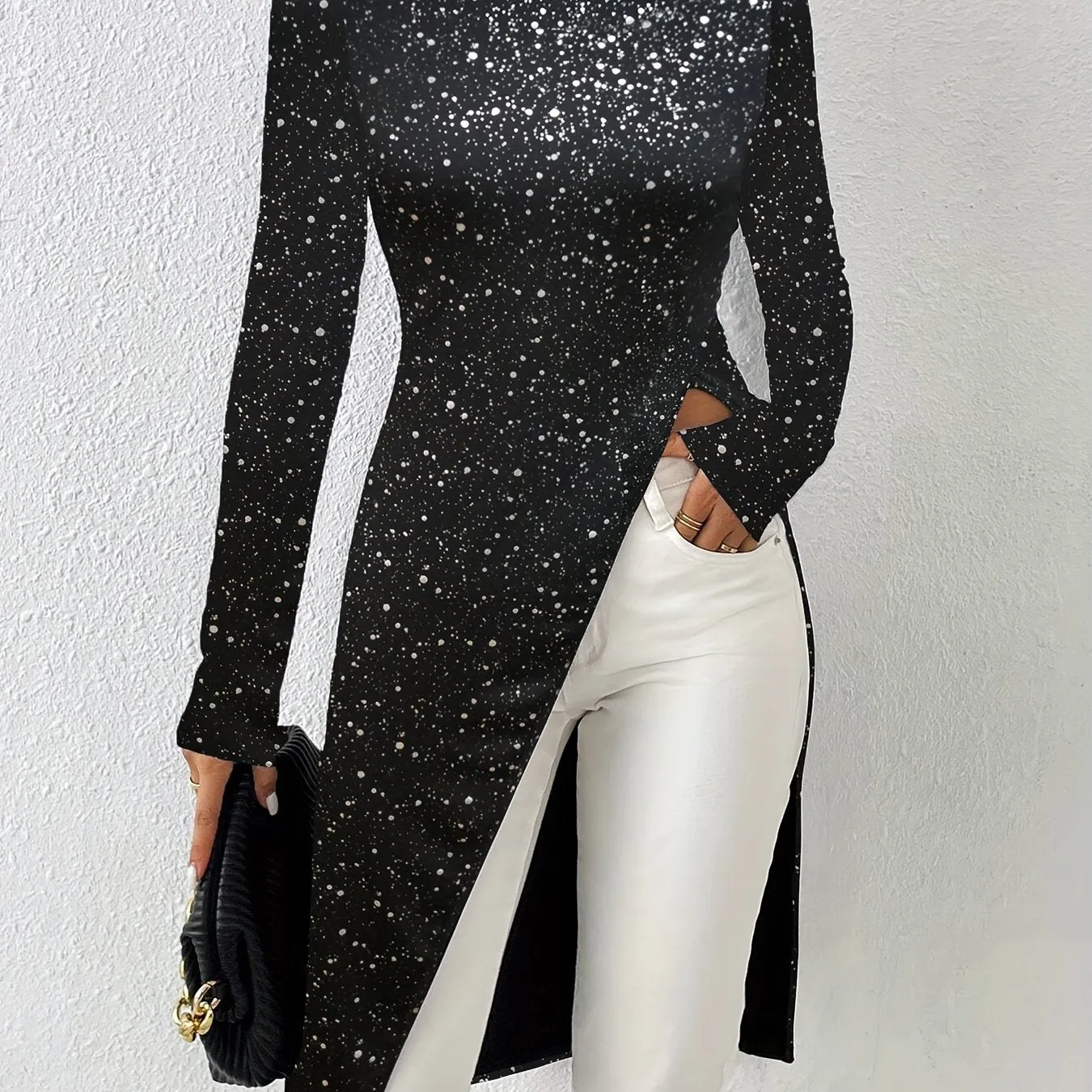Crew Neck Tunics, Casual Long Sleeve Top For Spring & Fall, Women's Clothing