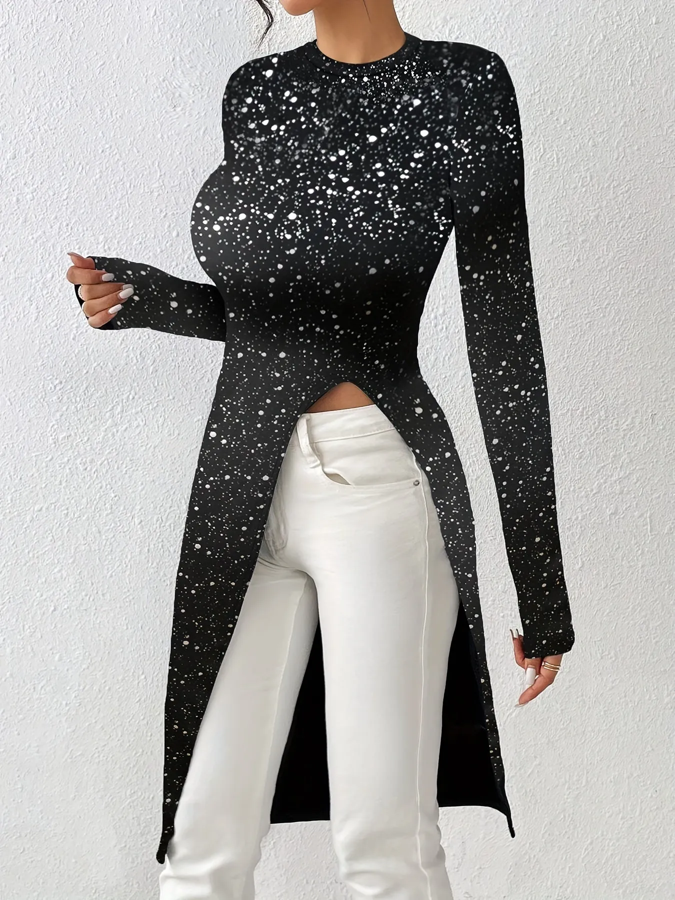 Crew Neck Tunics, Casual Long Sleeve Top For Spring & Fall, Women's Clothing