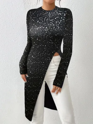 Crew Neck Tunics, Casual Long Sleeve Top For Spring & Fall, Women's Clothing