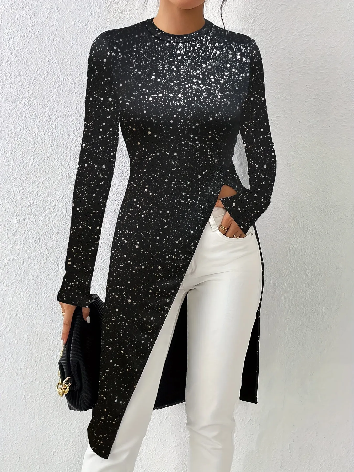 Crew Neck Tunics, Casual Long Sleeve Top For Spring & Fall, Women's Clothing