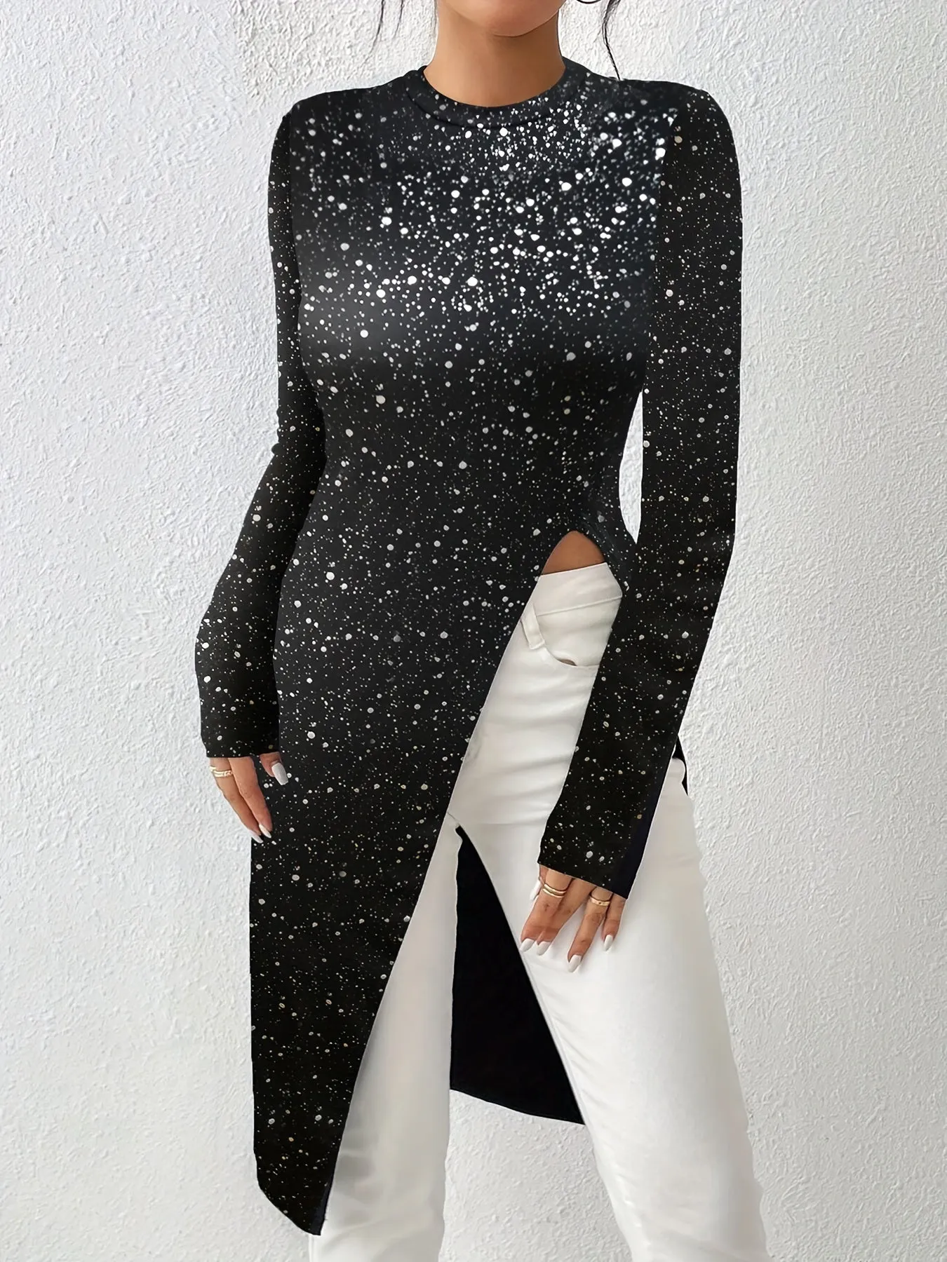 Crew Neck Tunics, Casual Long Sleeve Top For Spring & Fall, Women's Clothing