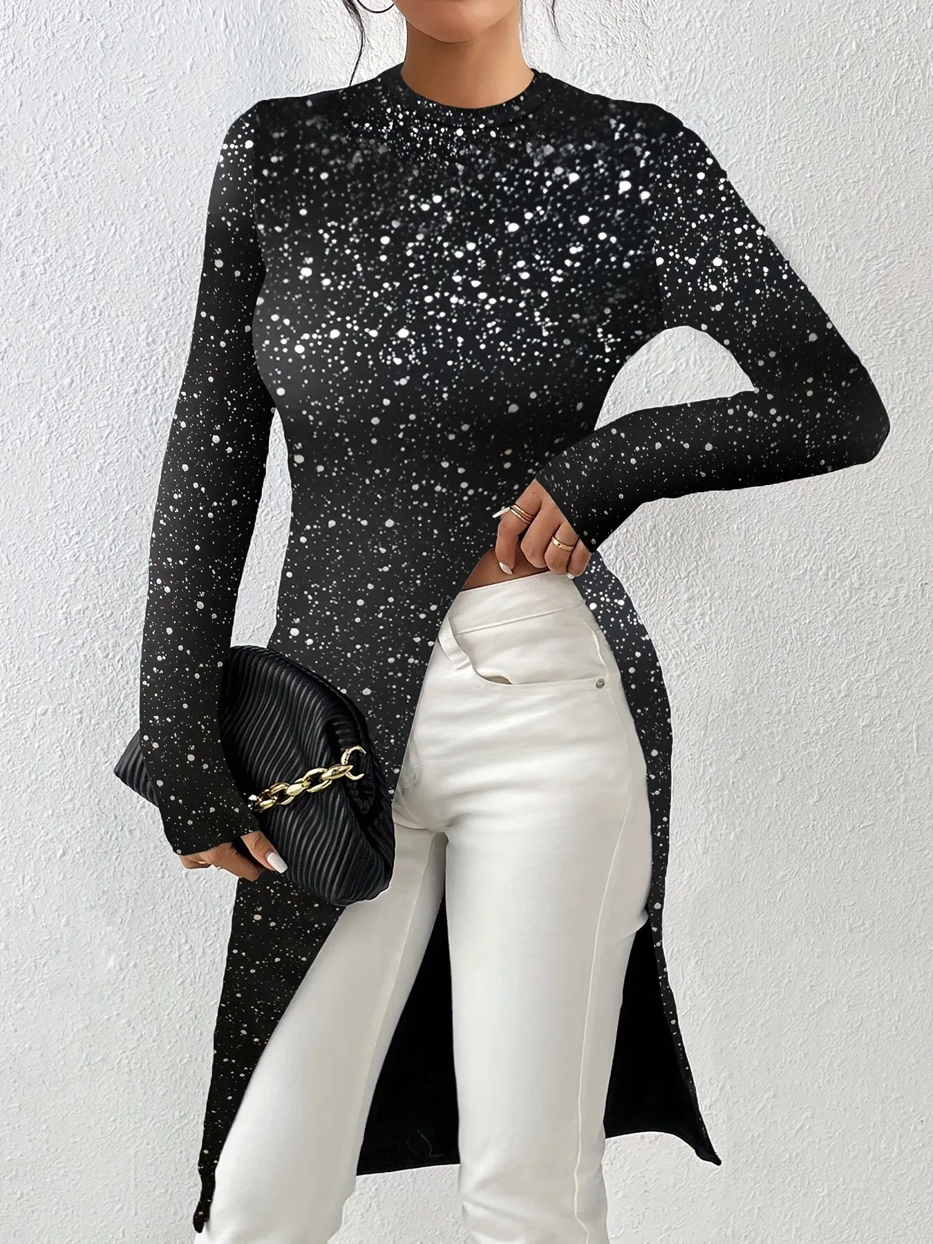 Crew Neck Tunics, Casual Long Sleeve Top For Spring & Fall, Women's Clothing
