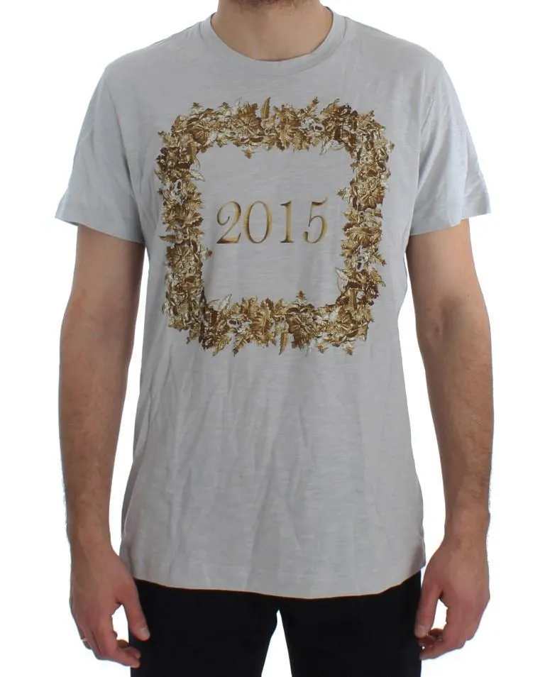 Crewneck 2015 Motive Print Blue Cotton T-shirt