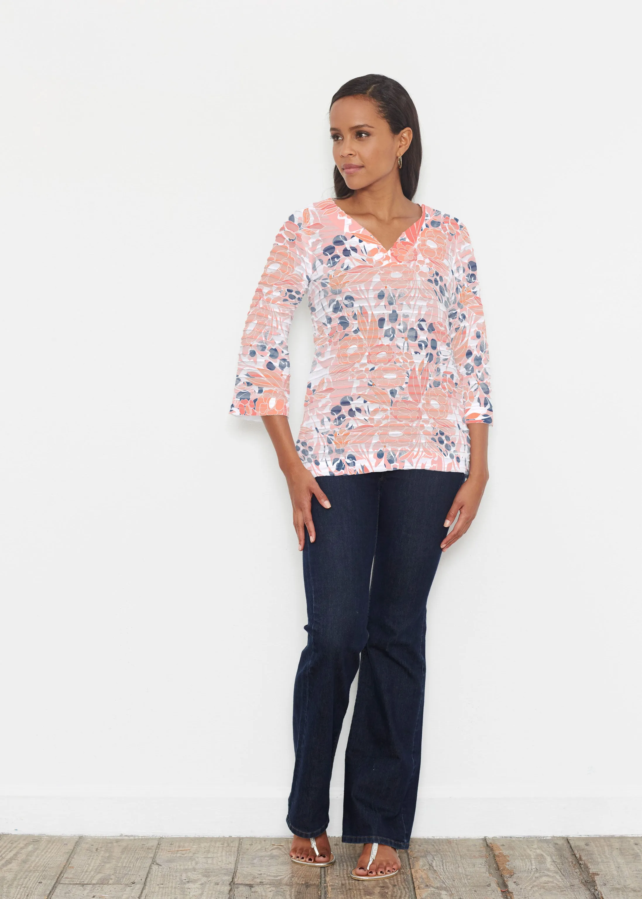 Daydream Florals (7805) ~ Banded 3/4 Bell-Sleeve V-Neck Tunic