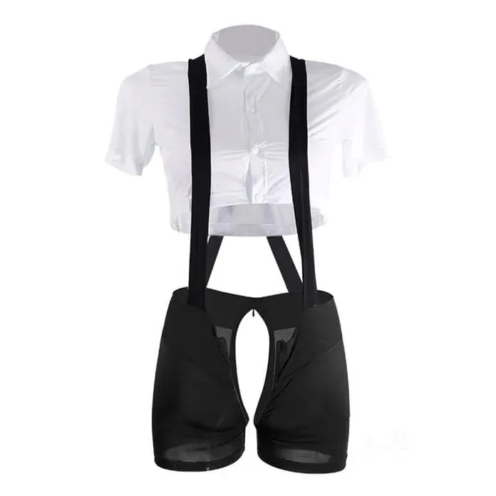 Double-head Zipper Suspender Short   Midriff-baring Shirt --- Sexy Lingerie Brief Suit