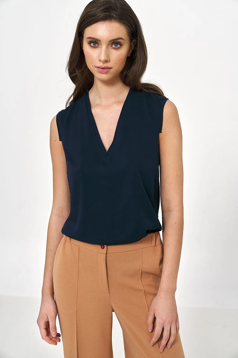 Draped V-Neck Sleeveless Blouse