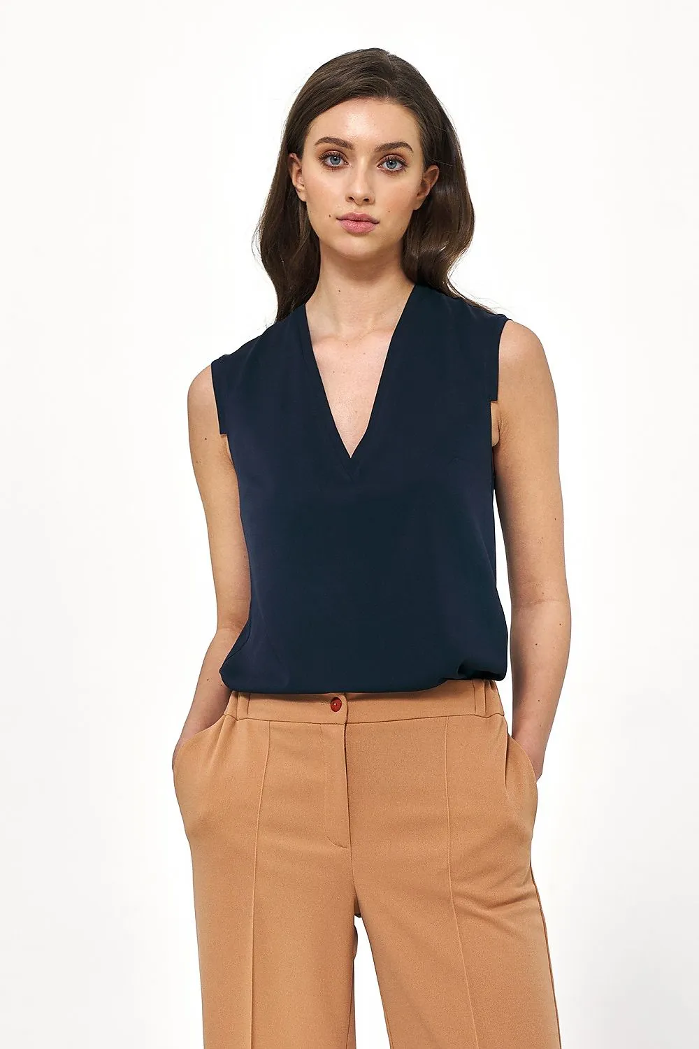 Draped V-Neck Sleeveless Blouse