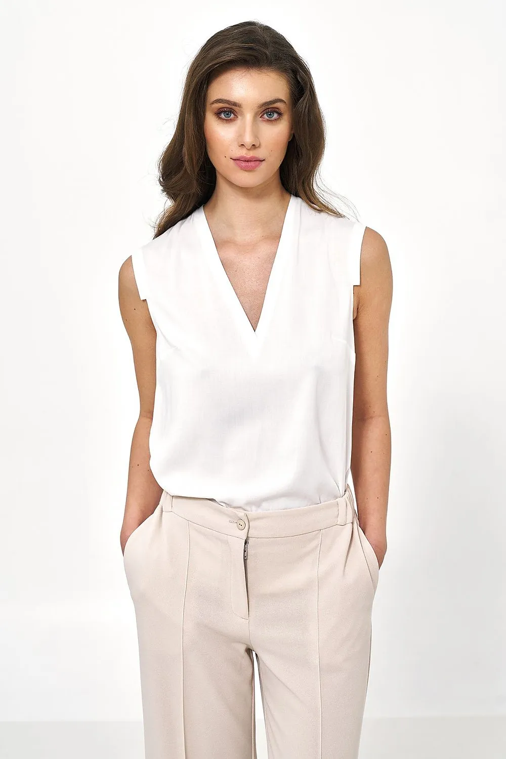 Draped V-Neck Sleeveless Blouse