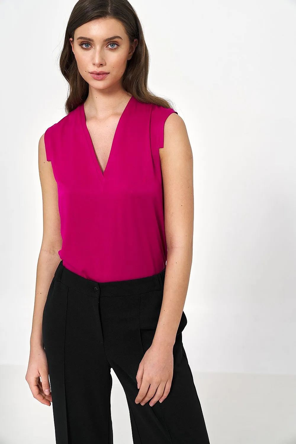Draped V-Neck Sleeveless Blouse