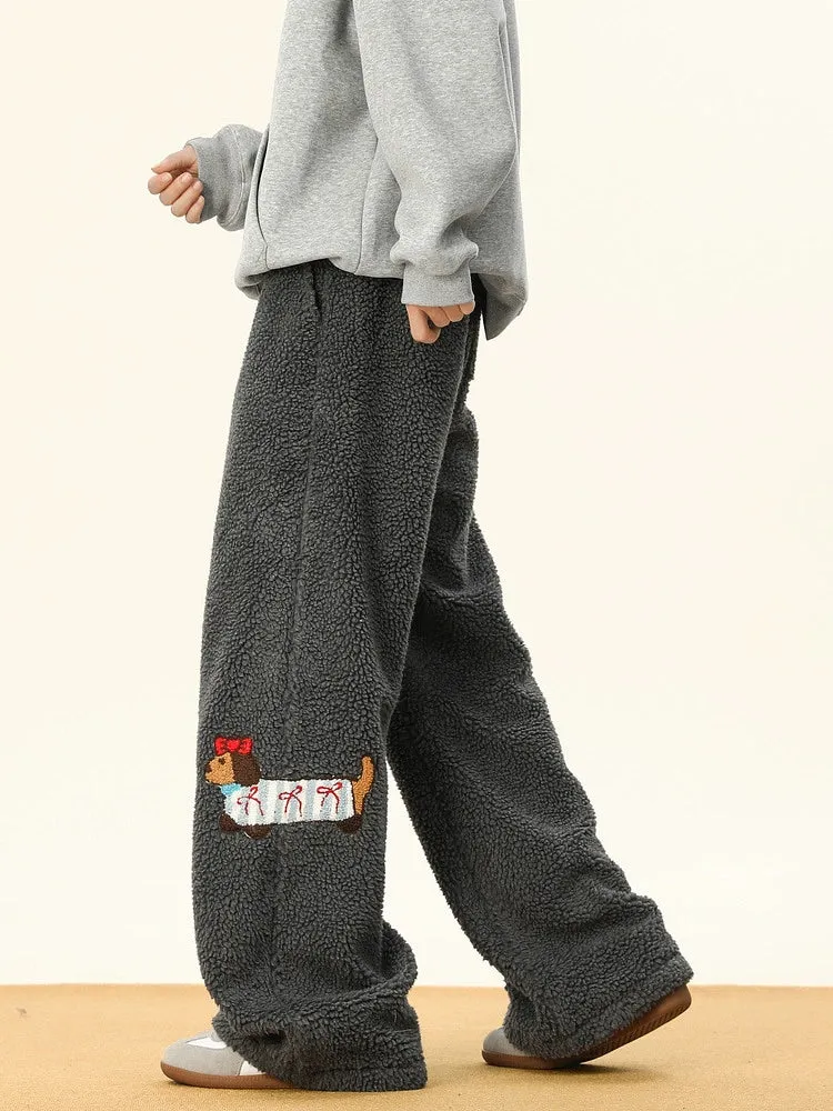 Embroidery Lambskin Wide-Leg Pants