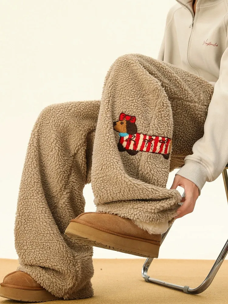 Embroidery Lambskin Wide-Leg Pants