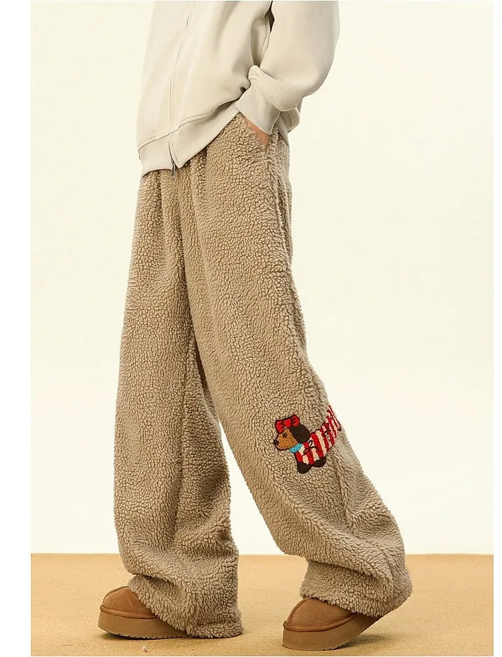 Embroidery Lambskin Wide-Leg Pants