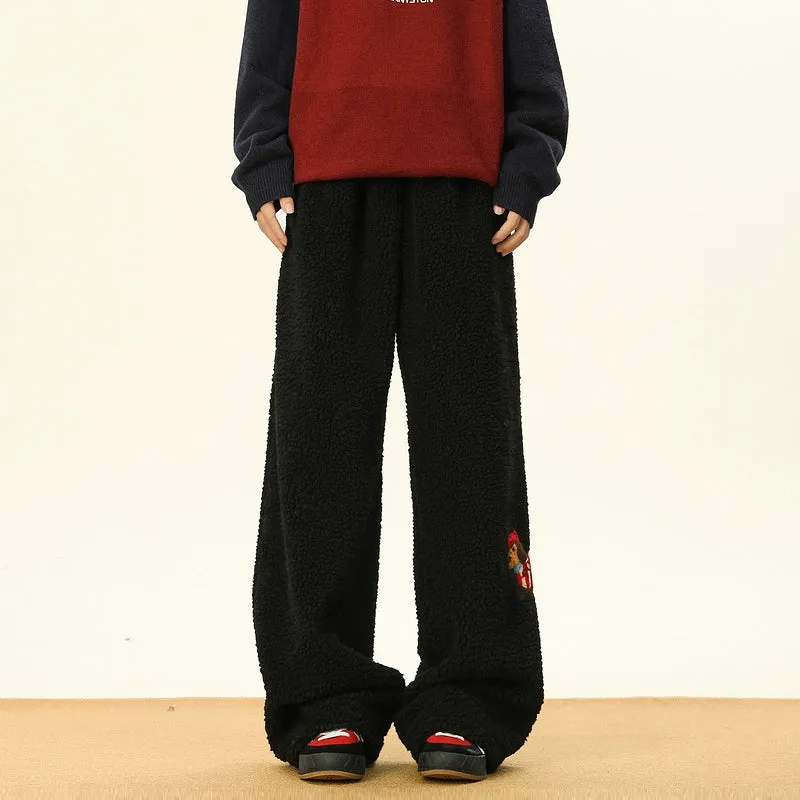 Embroidery Lambskin Wide-Leg Pants