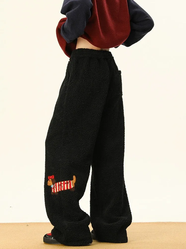Embroidery Lambskin Wide-Leg Pants