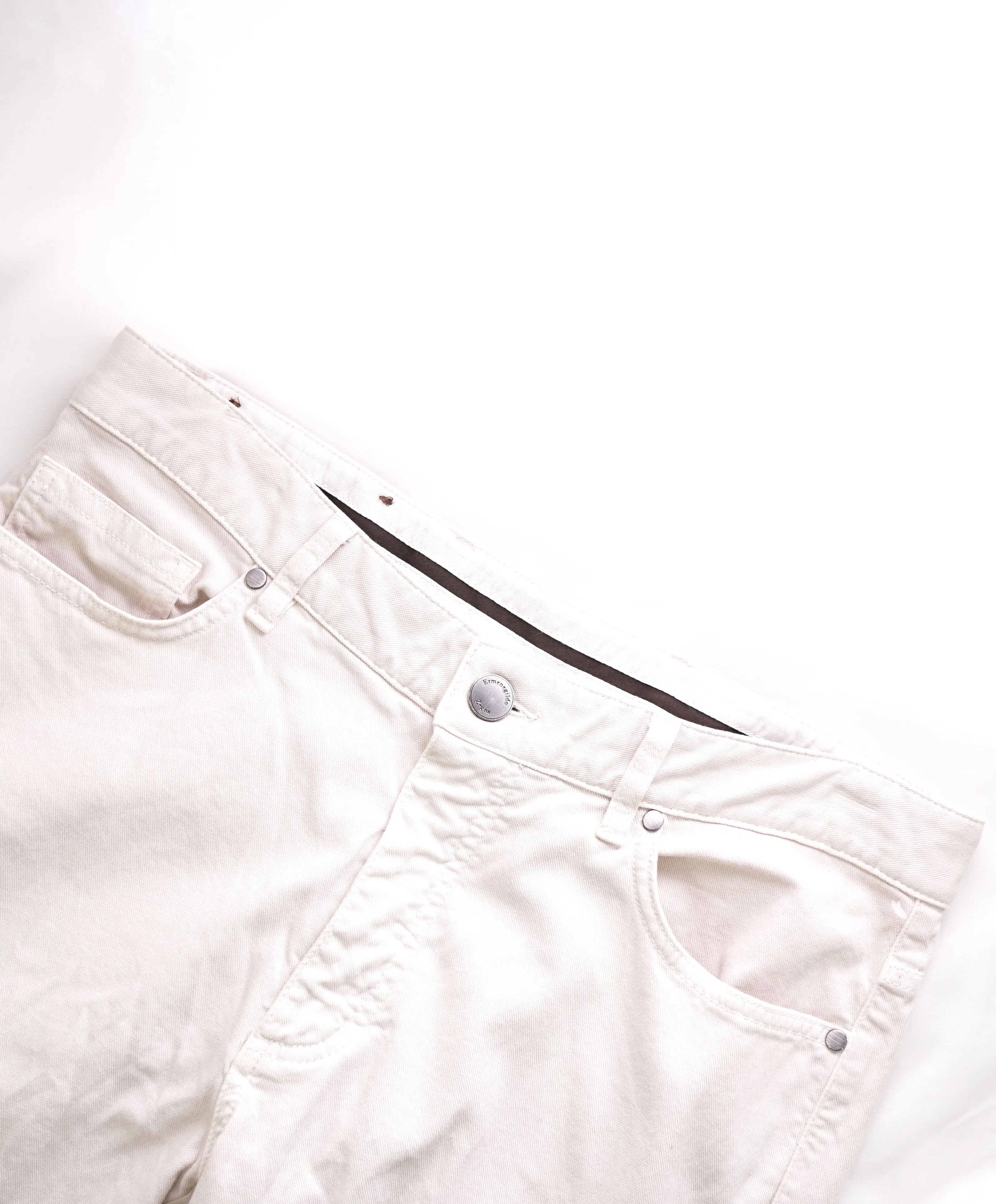 ERMENEGILDO ZEGNA - Ivory Cotton/Elastane Logo Tag 5-Pocket Pants - 33W