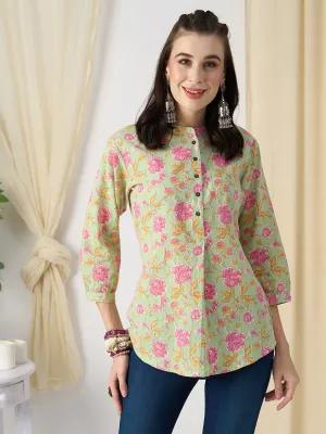 Exclusive Cotton LightGreen A-Line Tunic With Kantha work & Floral Print For Women - ZOLA
