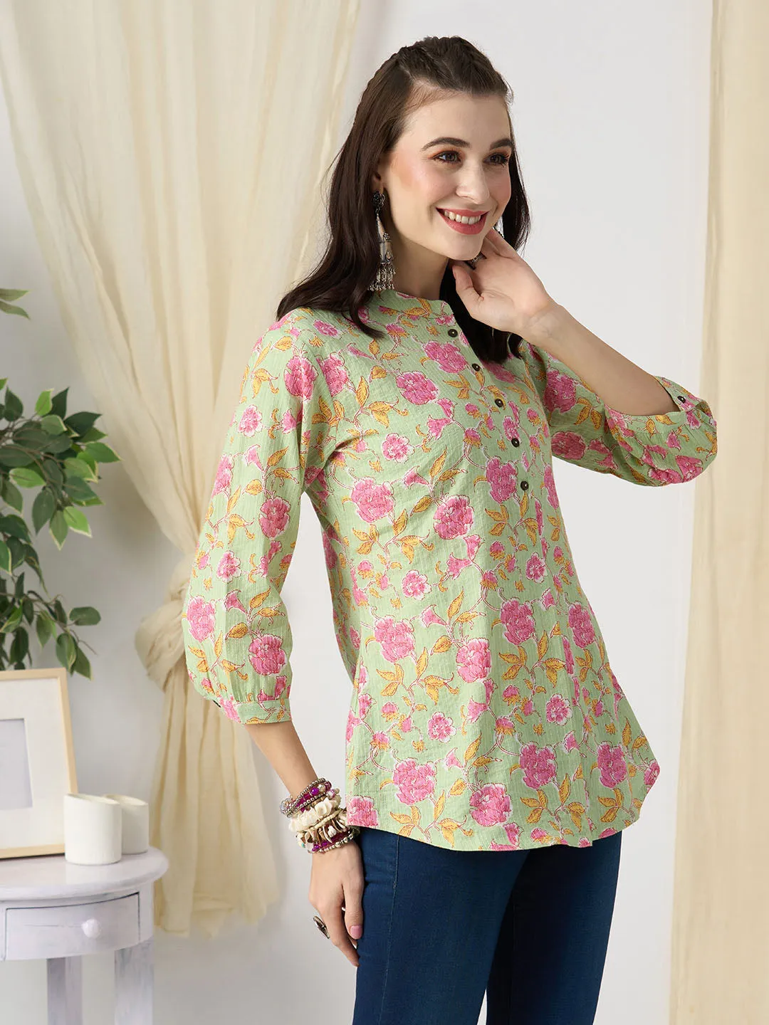 Exclusive Cotton LightGreen A-Line Tunic With Kantha work & Floral Print For Women - ZOLA