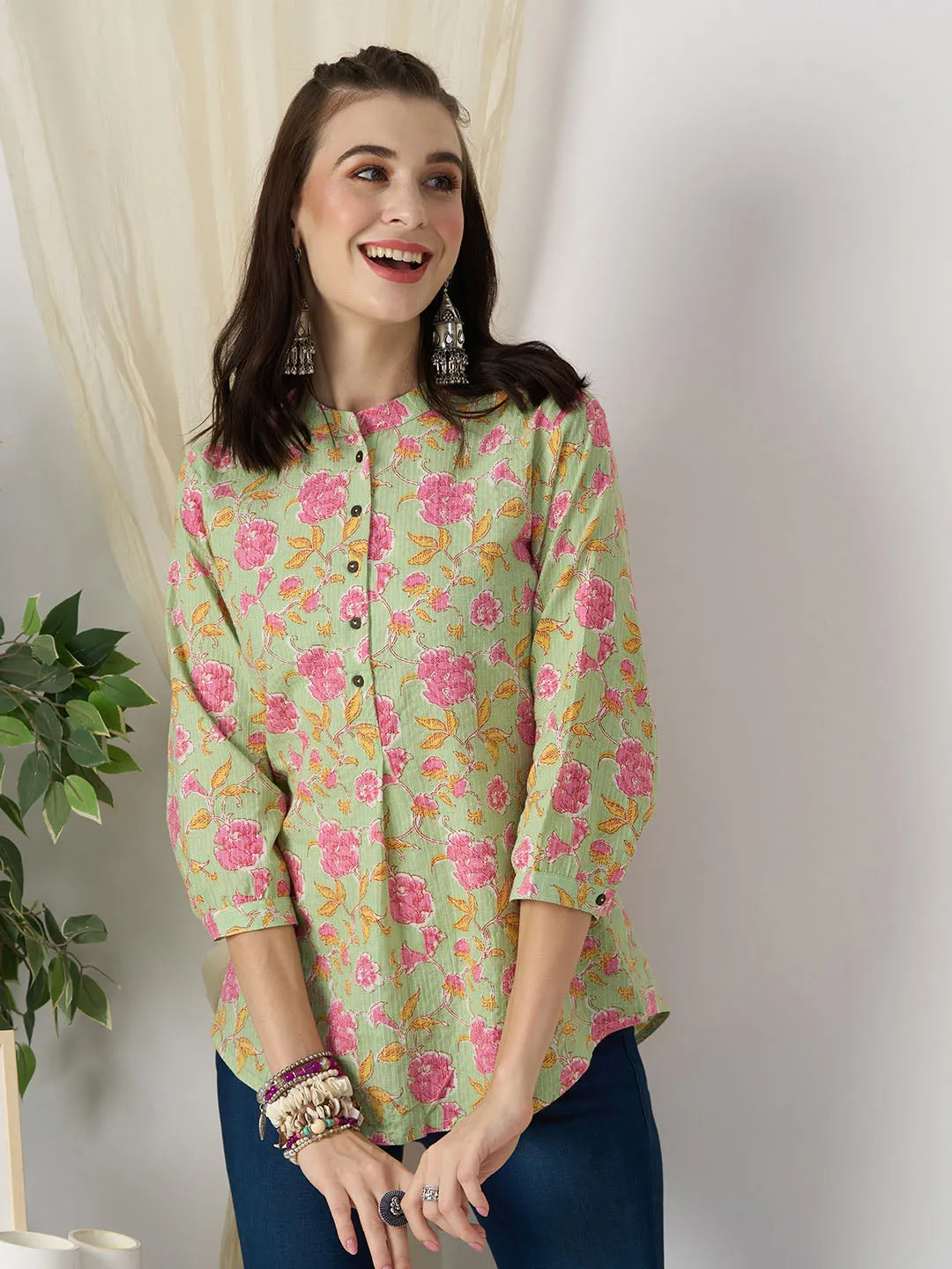 Exclusive Cotton LightGreen A-Line Tunic With Kantha work & Floral Print For Women - ZOLA