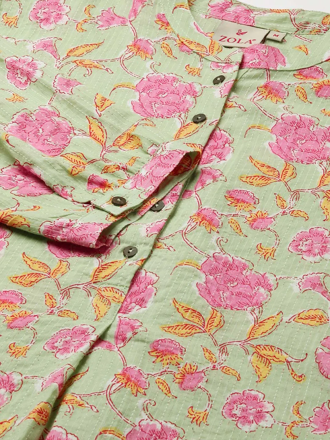 Exclusive Cotton LightGreen A-Line Tunic With Kantha work & Floral Print For Women - ZOLA