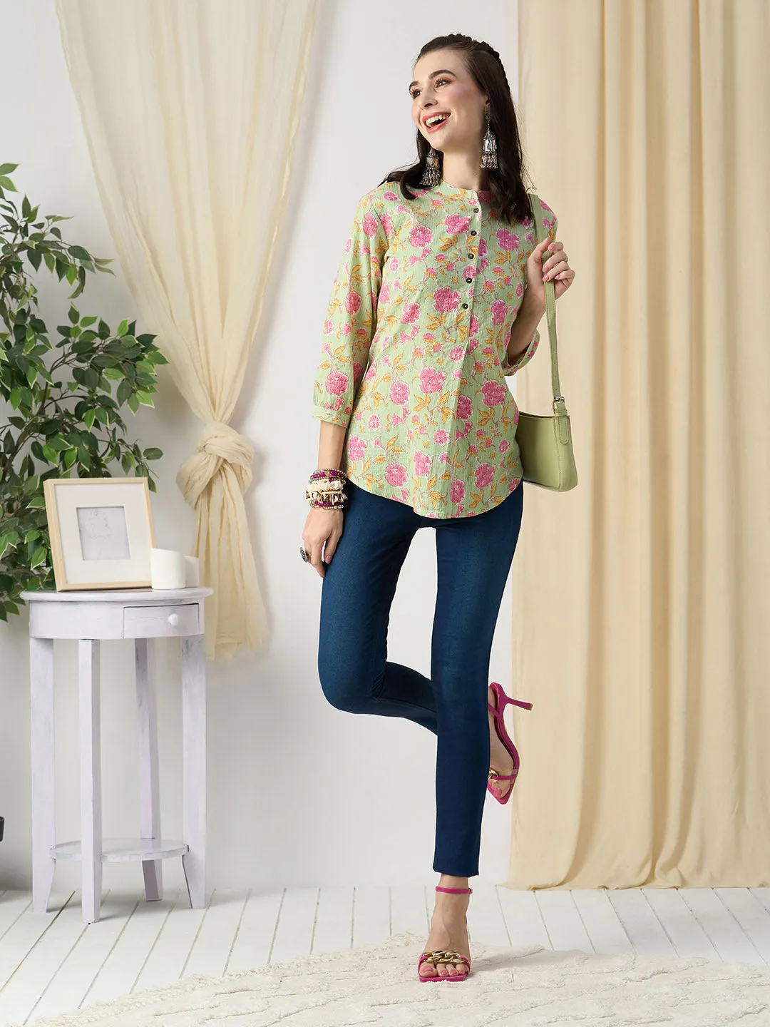Exclusive Cotton LightGreen A-Line Tunic With Kantha work & Floral Print For Women - ZOLA