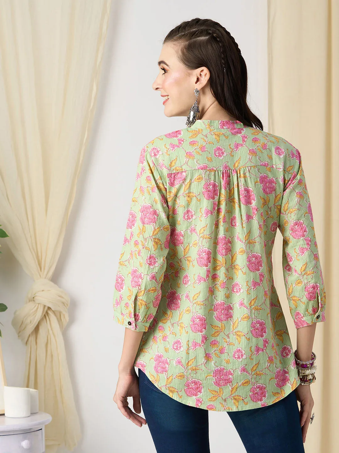 Exclusive Cotton LightGreen A-Line Tunic With Kantha work & Floral Print For Women - ZOLA