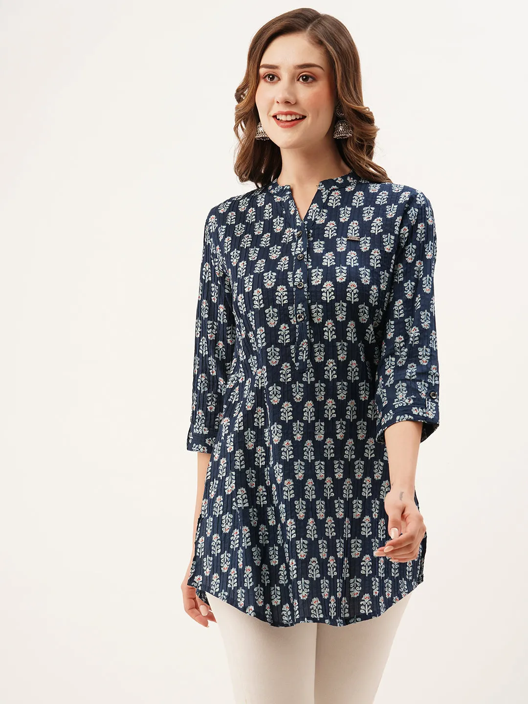Exclusive Mandarin Collar Cotton All Over Block Print Indigo Straight Tunic For Women - ZOLA