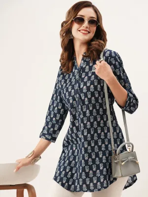 Exclusive Mandarin Collar Cotton All Over Block Print Indigo Straight Tunic For Women - ZOLA