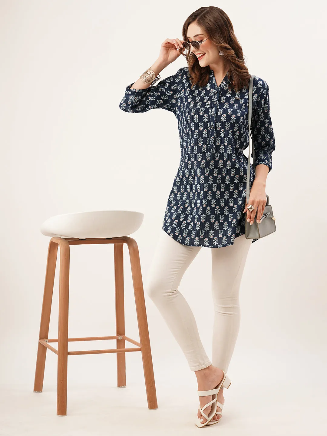 Exclusive Mandarin Collar Cotton All Over Block Print Indigo Straight Tunic For Women - ZOLA
