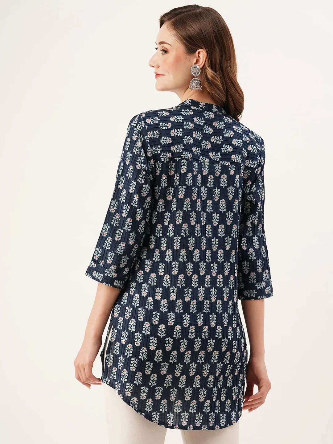 Exclusive Mandarin Collar Cotton All Over Block Print Indigo Straight Tunic For Women - ZOLA