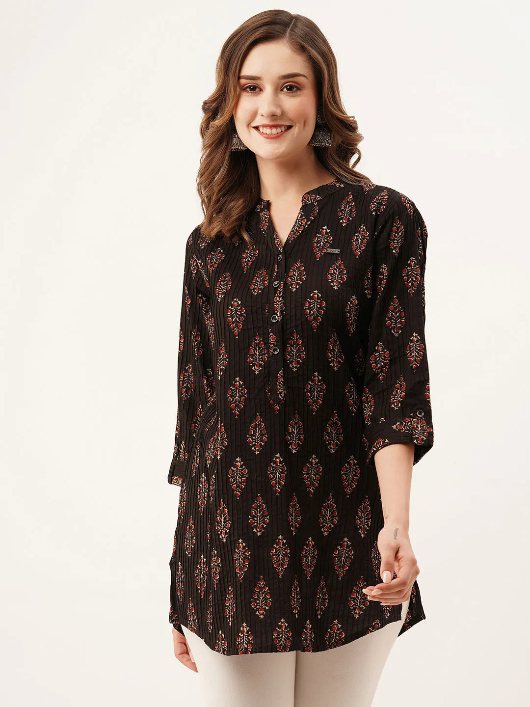 Exclusive Mandarin Collar Cotton All Over Floral Block Print Black Straight Tunic For Women - ZOLA
