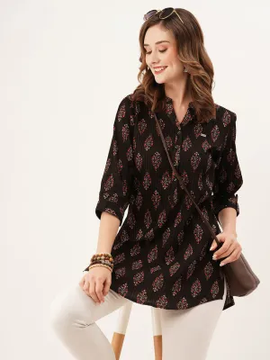 Exclusive Mandarin Collar Cotton All Over Floral Block Print Black Straight Tunic For Women - ZOLA