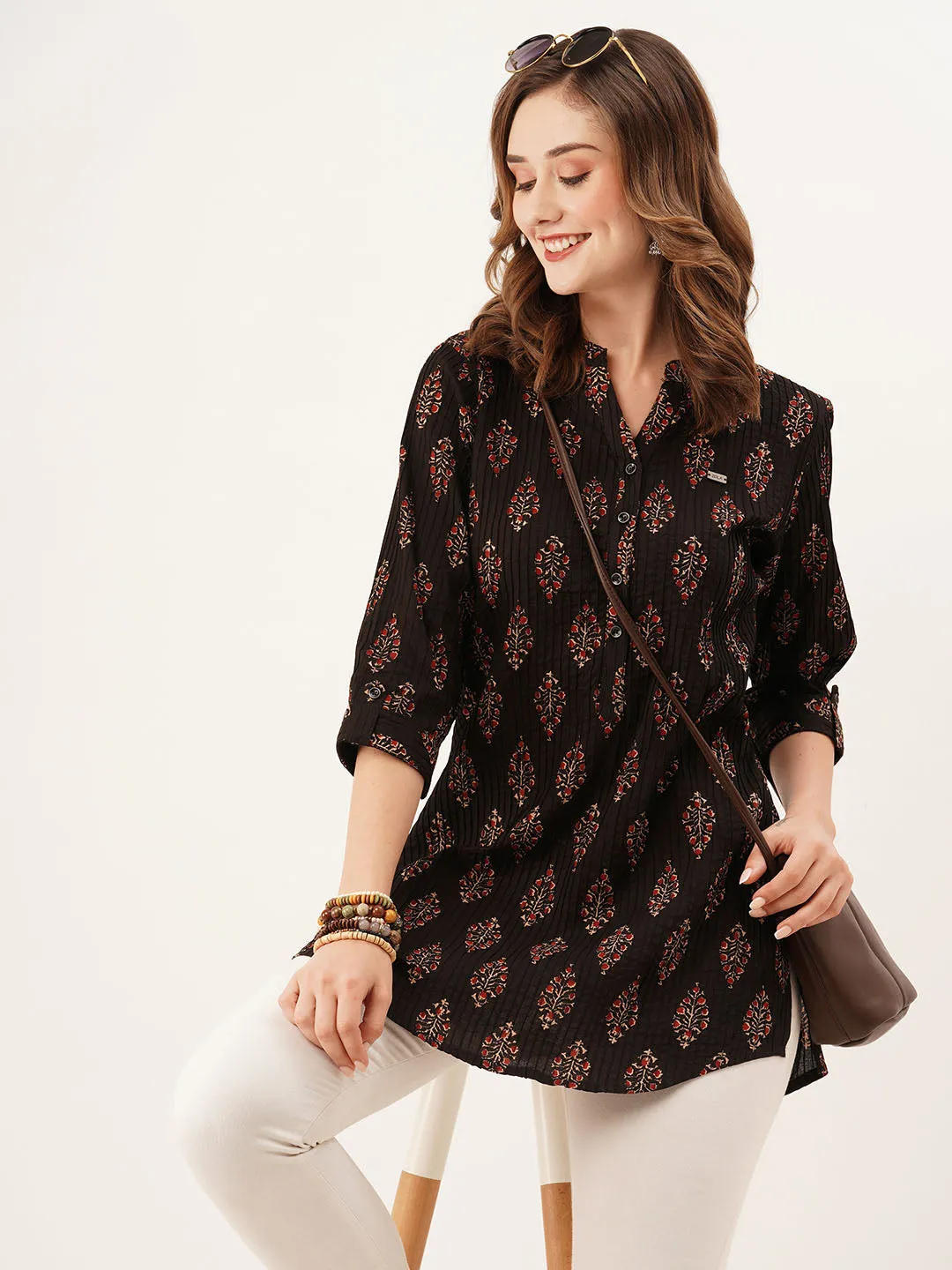 Exclusive Mandarin Collar Cotton All Over Floral Block Print Black Straight Tunic For Women - ZOLA
