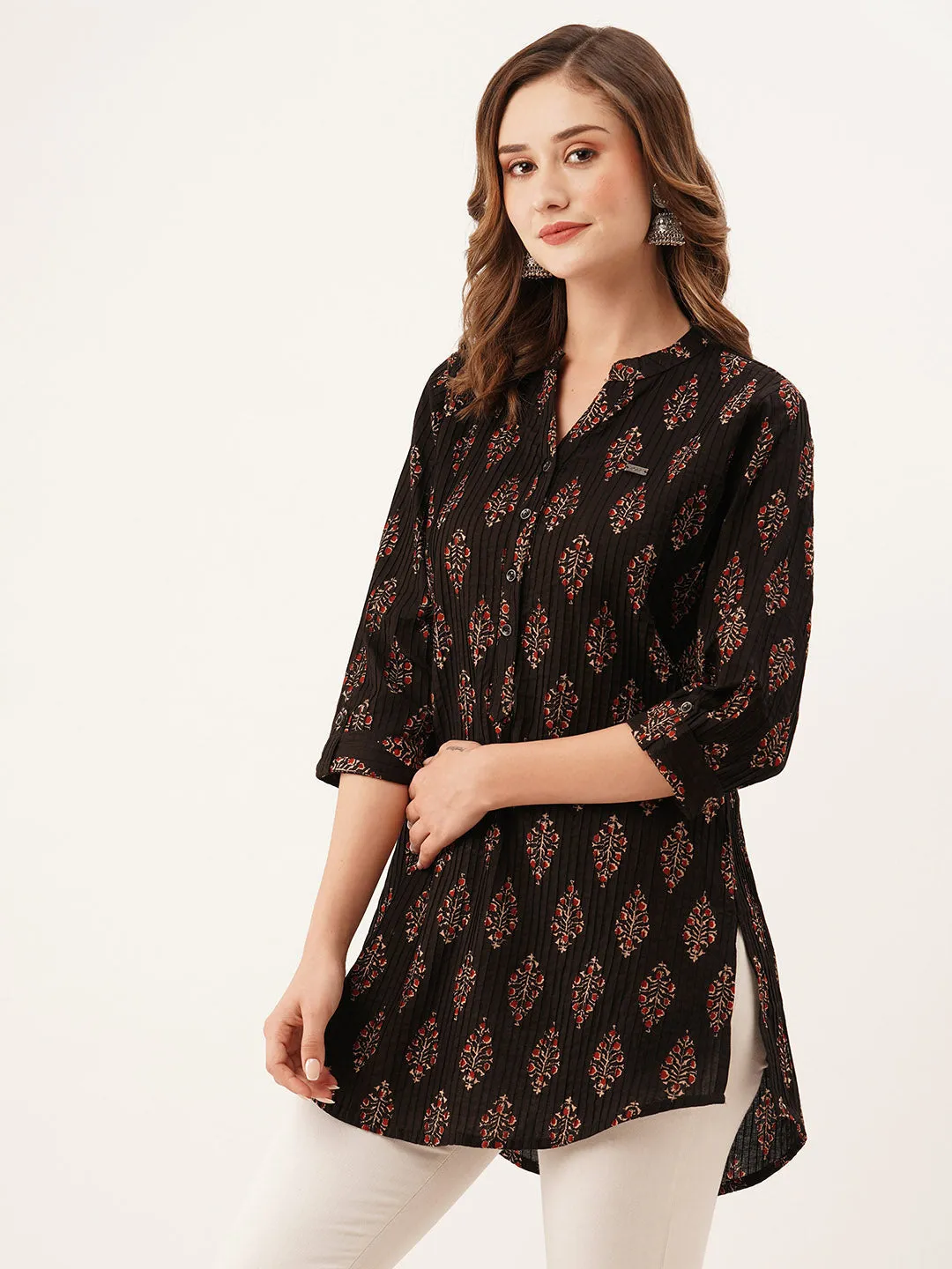 Exclusive Mandarin Collar Cotton All Over Floral Block Print Black Straight Tunic For Women - ZOLA