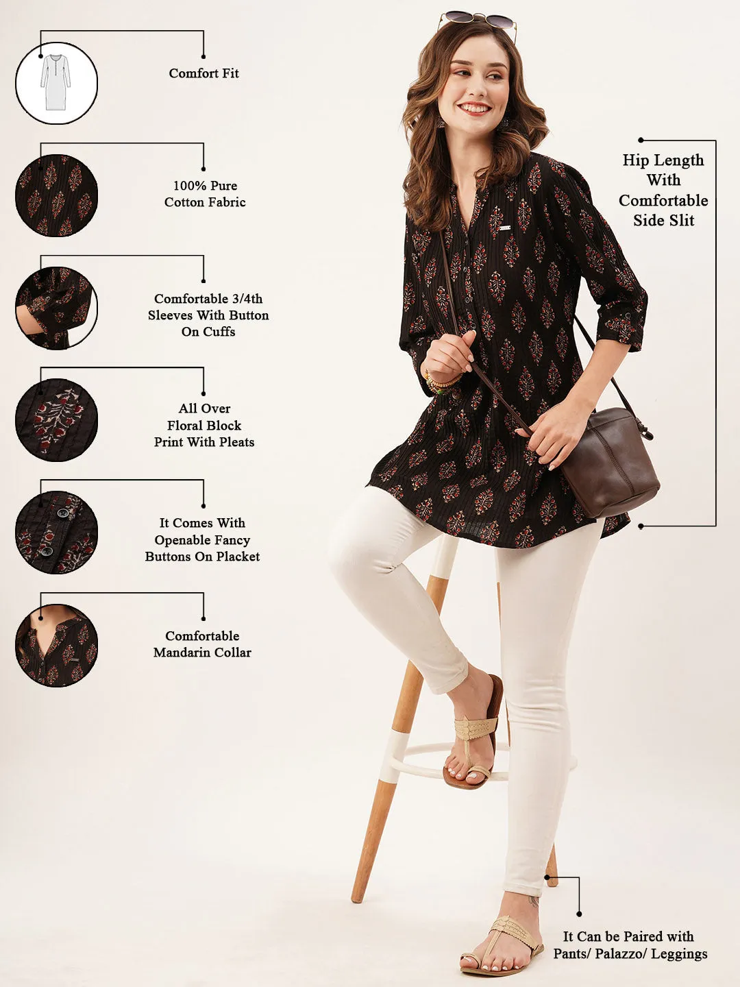 Exclusive Mandarin Collar Cotton All Over Floral Block Print Black Straight Tunic For Women - ZOLA