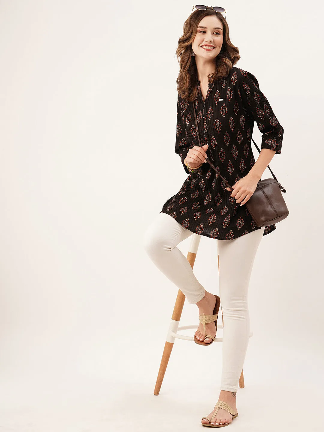 Exclusive Mandarin Collar Cotton All Over Floral Block Print Black Straight Tunic For Women - ZOLA