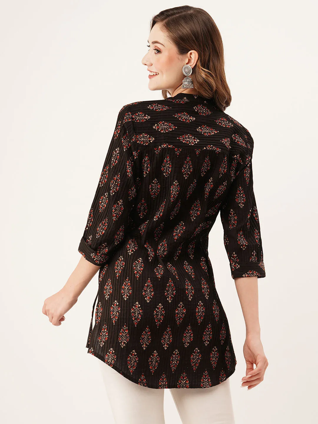 Exclusive Mandarin Collar Cotton All Over Floral Block Print Black Straight Tunic For Women - ZOLA
