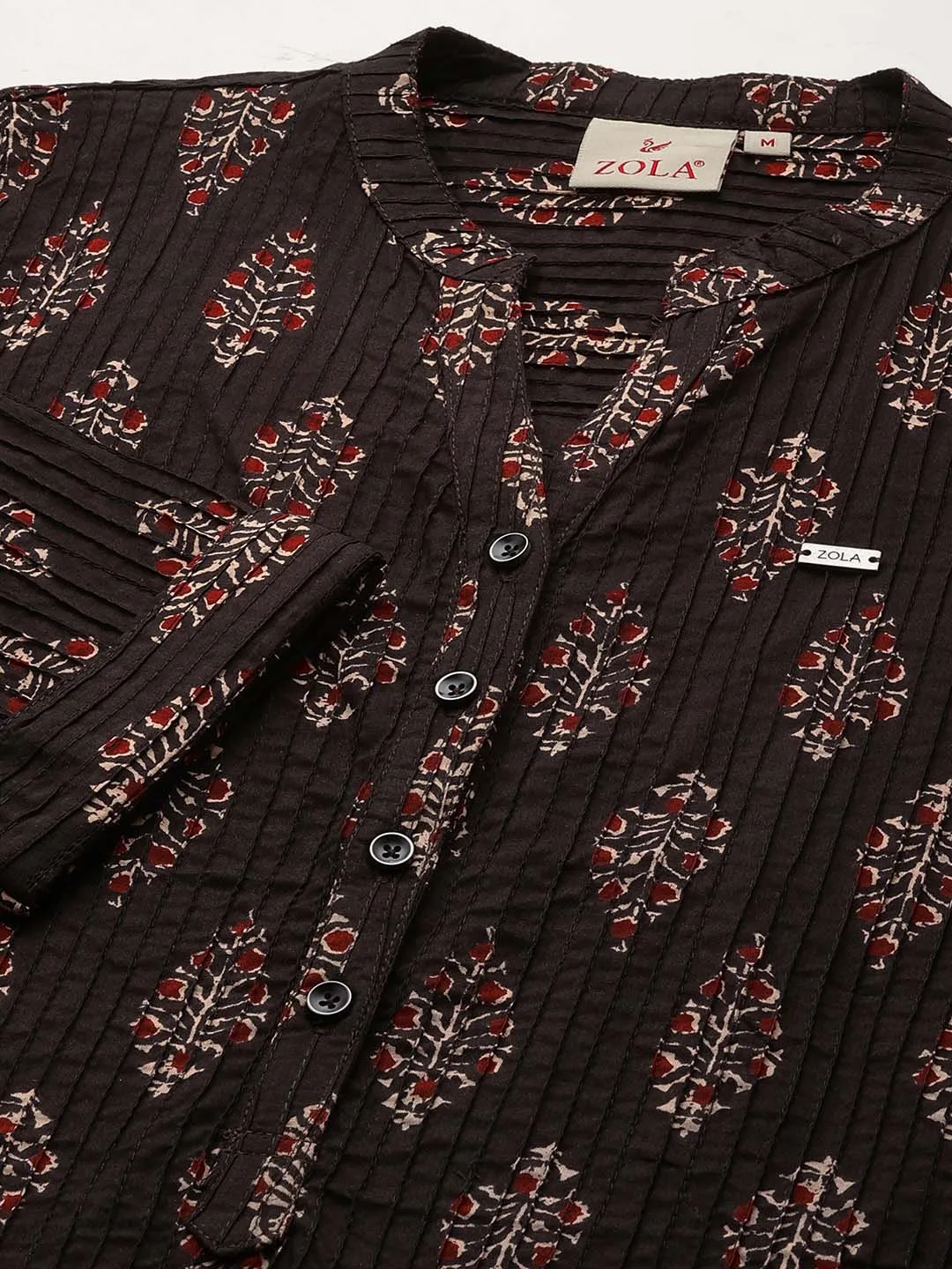 Exclusive Mandarin Collar Cotton All Over Floral Block Print Black Straight Tunic For Women - ZOLA