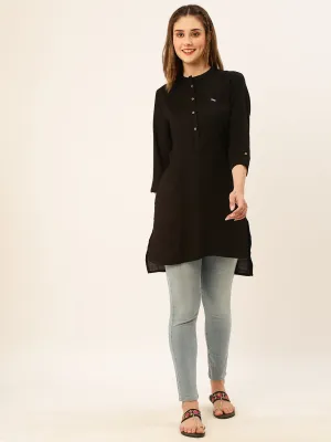 Exclusive Mandarin Collar Rayon Solid Black Straight Tunic For Women ZOLA