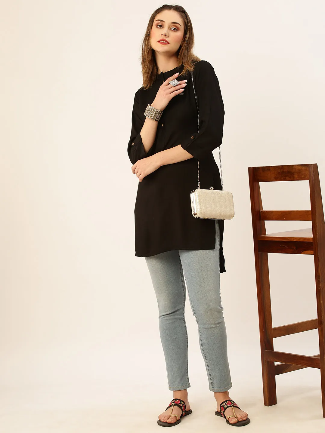 Exclusive Mandarin Collar Rayon Solid Black Straight Tunic For Women ZOLA