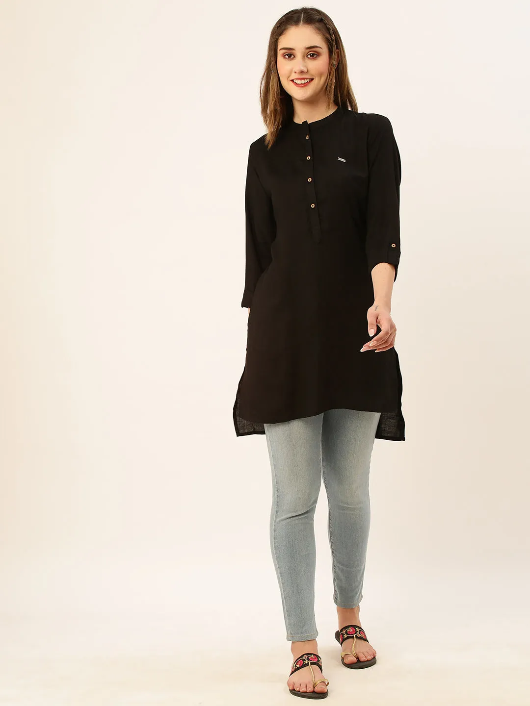 Exclusive Mandarin Collar Rayon Solid Black Straight Tunic For Women ZOLA
