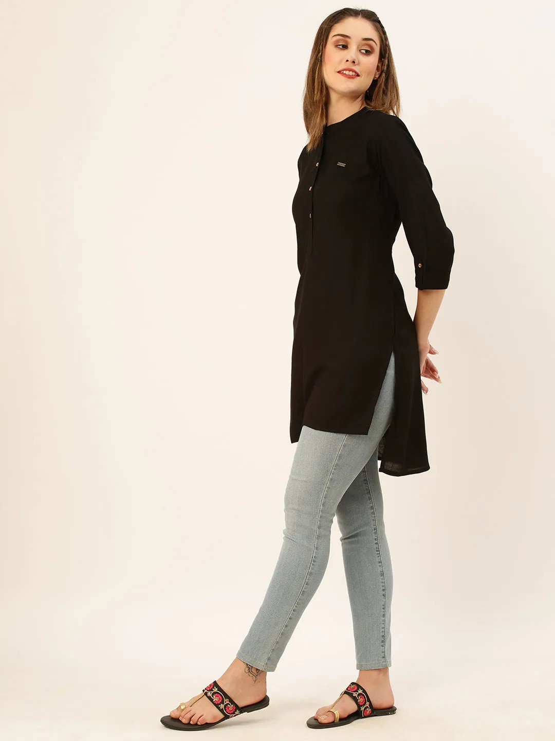 Exclusive Mandarin Collar Rayon Solid Black Straight Tunic For Women ZOLA