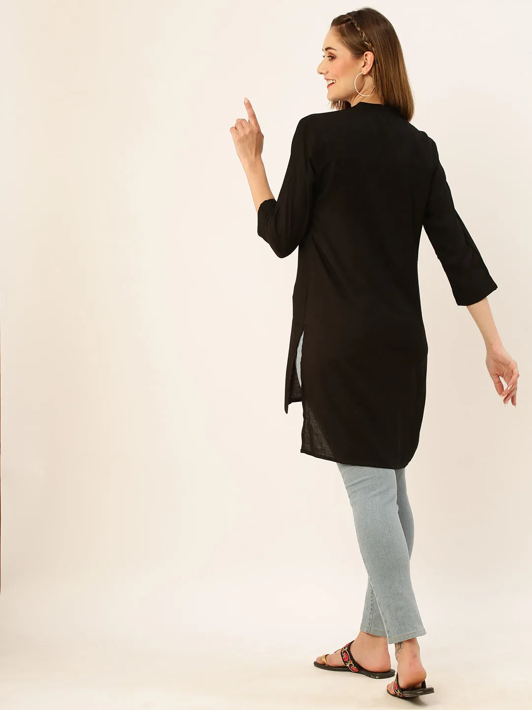 Exclusive Mandarin Collar Rayon Solid Black Straight Tunic For Women ZOLA