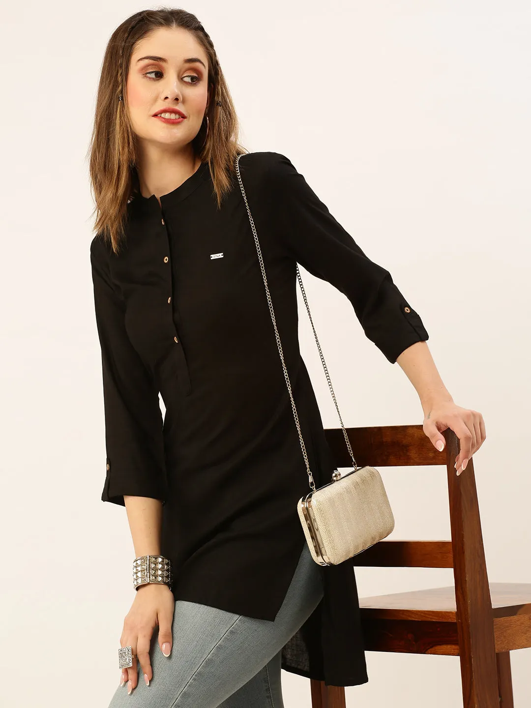Exclusive Mandarin Collar Rayon Solid Black Straight Tunic For Women ZOLA