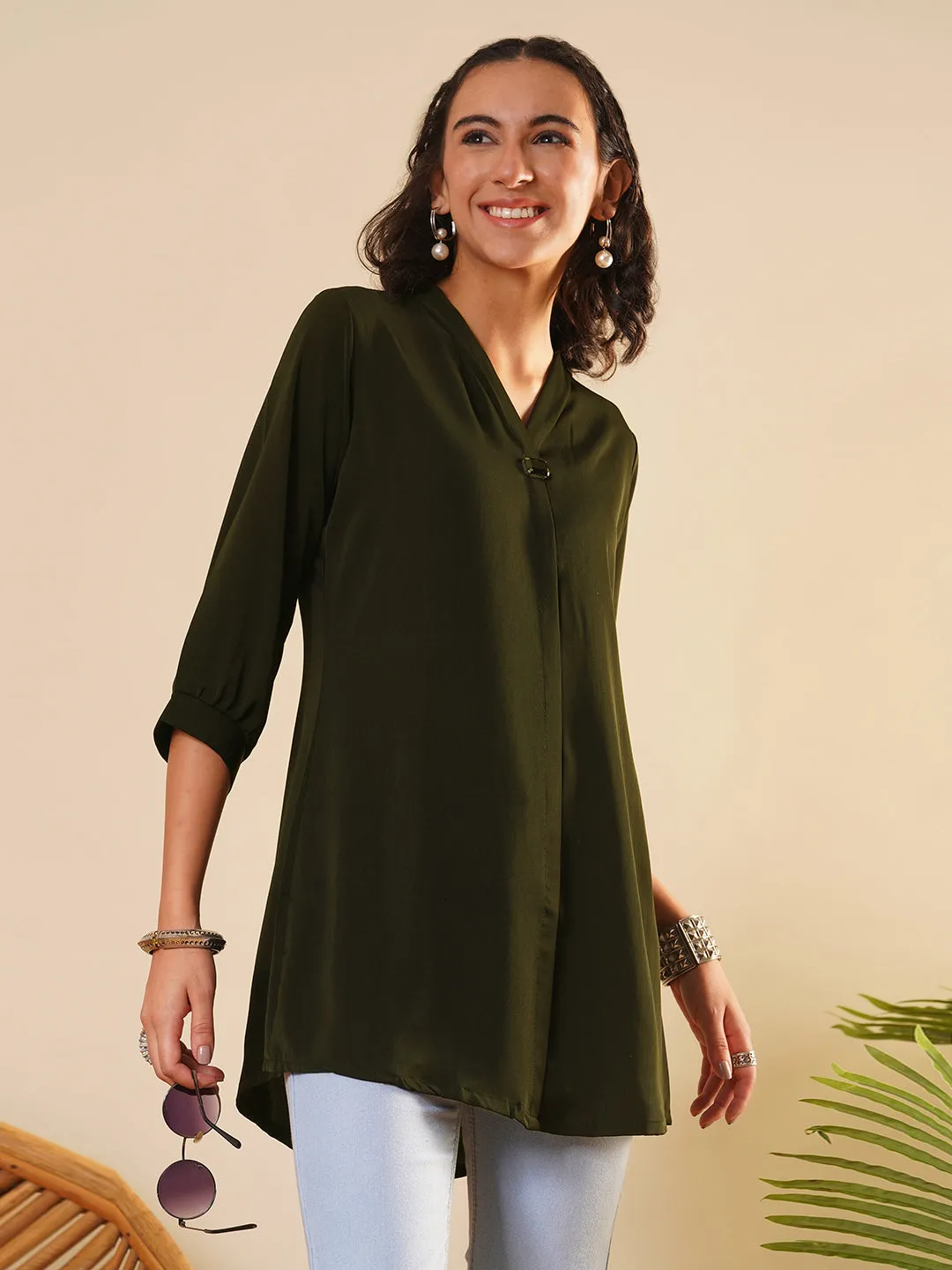 Exclusive V Neckline Rayon Solid Olive  Straight Tunic For Women ZOLA
