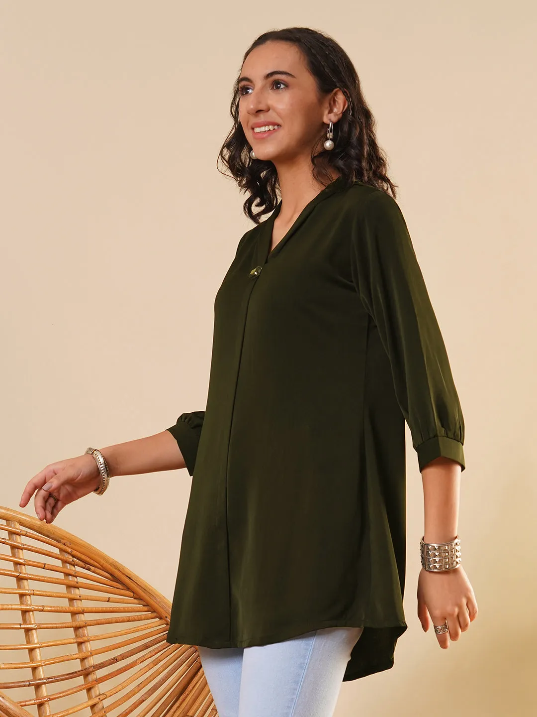 Exclusive V Neckline Rayon Solid Olive  Straight Tunic For Women ZOLA