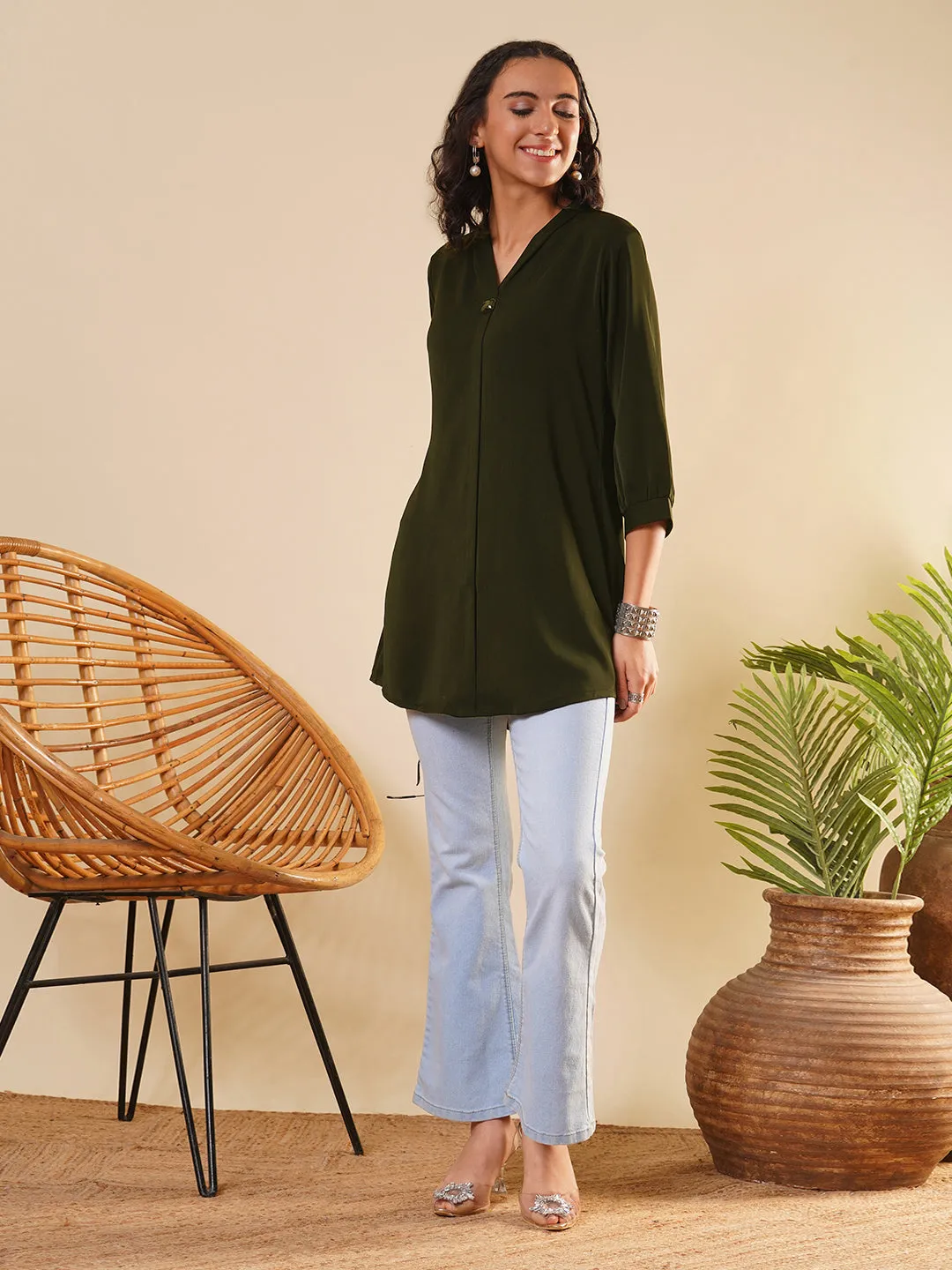 Exclusive V Neckline Rayon Solid Olive  Straight Tunic For Women ZOLA