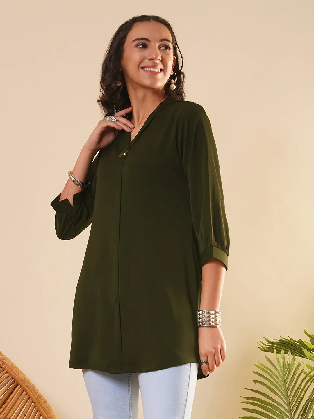 Exclusive V Neckline Rayon Solid Olive  Straight Tunic For Women ZOLA