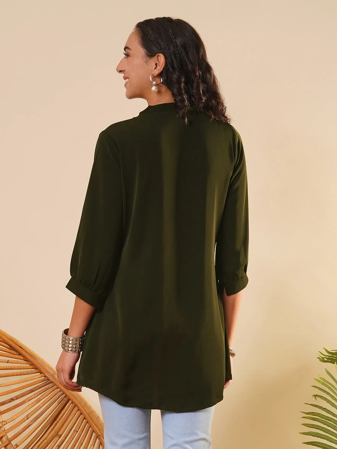 Exclusive V Neckline Rayon Solid Olive  Straight Tunic For Women ZOLA